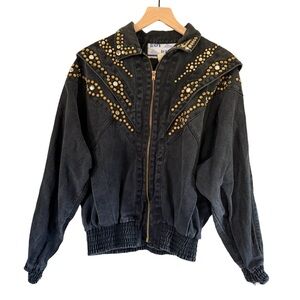 Vintage Boy Blue Studded Black Denim Bomber Jacket Zip Front Statement Coat